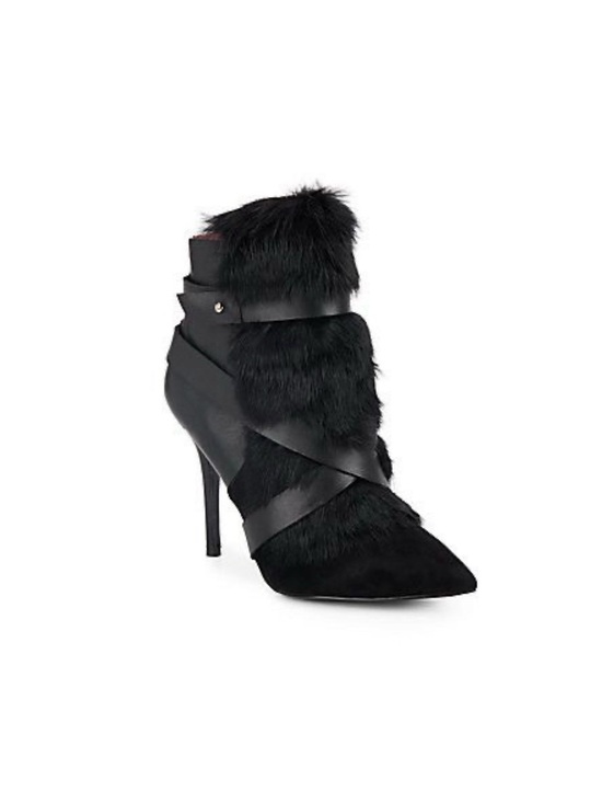 Charles Jourdan Shoes - Charles Jourdan Knife Black Leather Fur Pointed Toe Stiletto Ankle Boots, Size 7